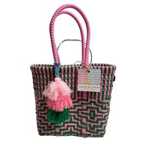SQUEEZE DE CITRON Pink & Green Woven Plastic Tote Bag NWT $125